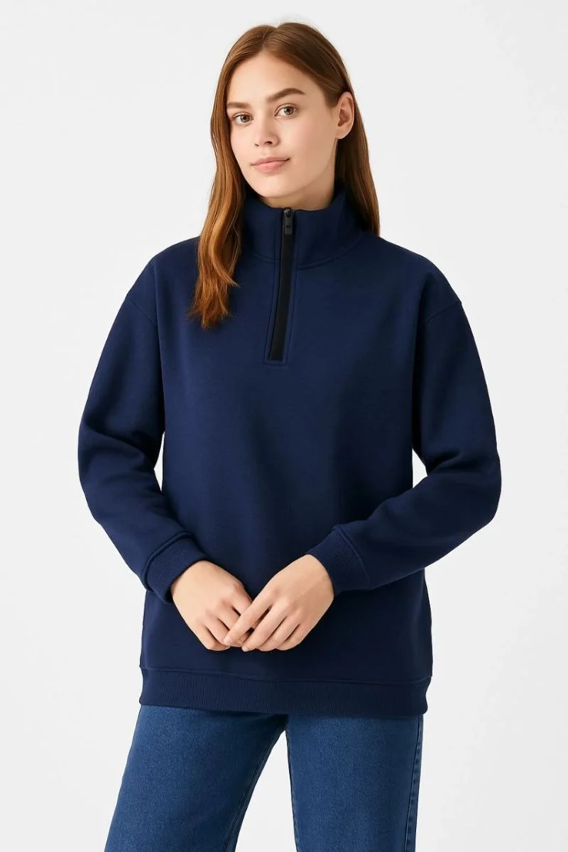 Kadın 3 İplik Pamuklu Dık Yaka Yarım Fermuarlı SweatShirt - Lacivert