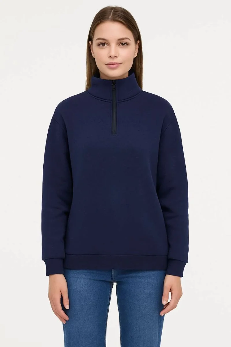 Kadın 3 İplik Pamuklu Dık Yaka Yarım Fermuarlı SweatShirt - Lacivert