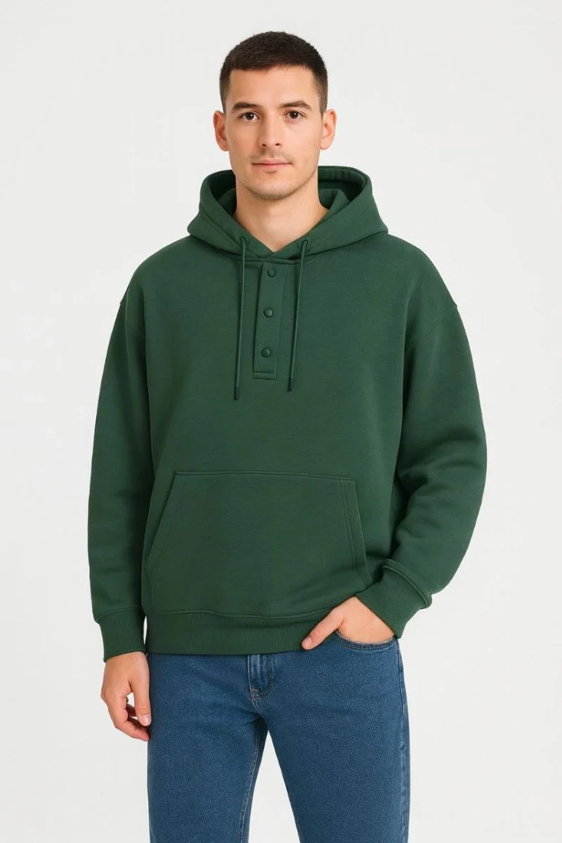 Erkek Kapüşonlu Hoodie Cepli Çıtçıtlı 3 İplik Pamuklu Sweatshirt - Haki
