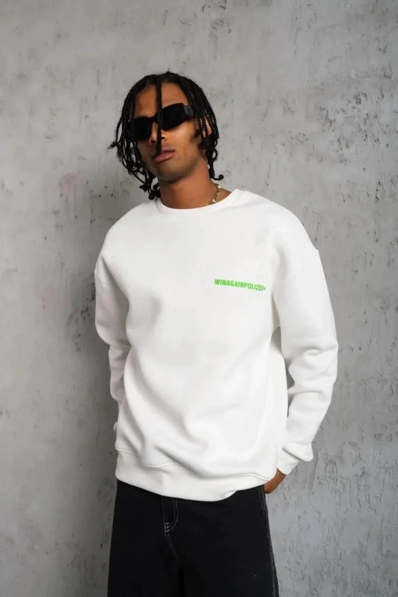Erkek Oversize Sweatshirt Ön ve Sırt Baskılı 3 İplik Pamuklu - Beyaz