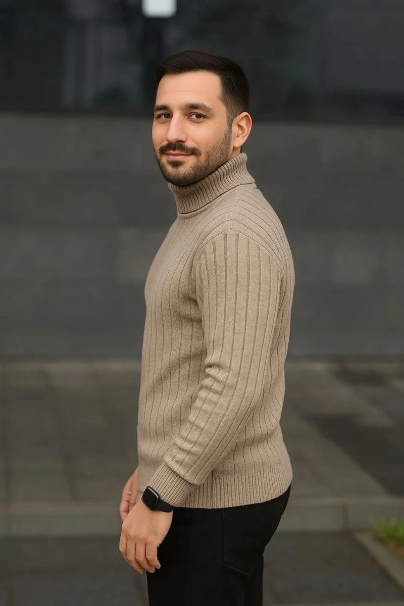 Erkek Tam Boğazlı Balıkçı Yaka Triko Kazak Kalın Fitilli - Bej