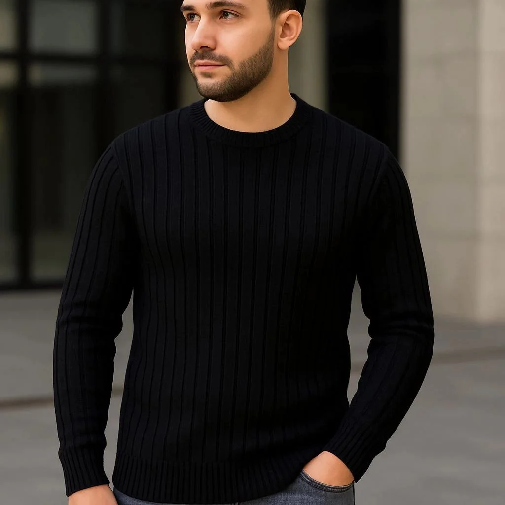 Erkek Bisiklet Yaka Triko Kazak Pamuklu Kalın Fitilli Dokuma Regular Fit - Siyah