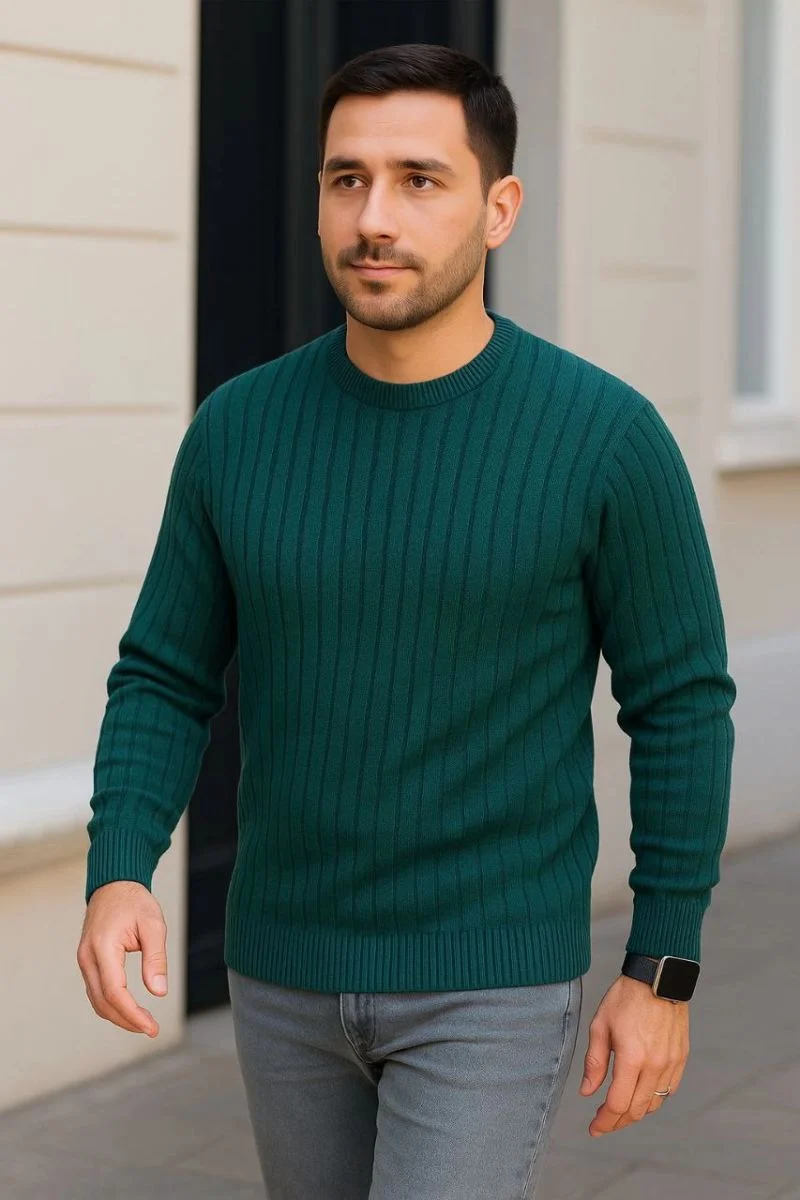 Erkek Bisiklet Yaka Triko Kazak Pamuklu Kalın Fitilli Dokuma Regular Fit - Haki