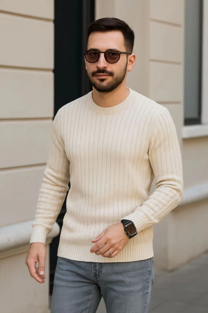 Erkek Bisiklet Yaka Triko Kazak Pamuklu Kalın Fitilli Dokuma Regular Fit - Bej