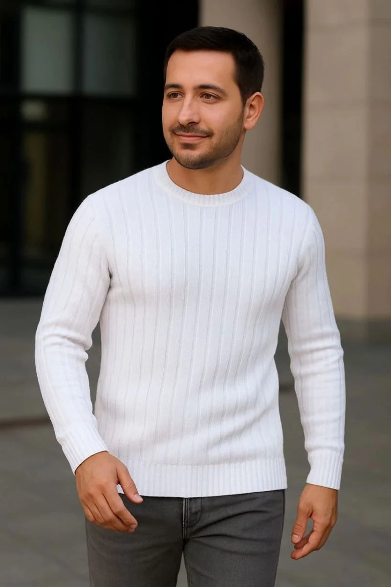Erkek Fitilli Triko Bisiklet Yaka Kalın Kazak 3'lü Set Beyaz-Gri-Siyah