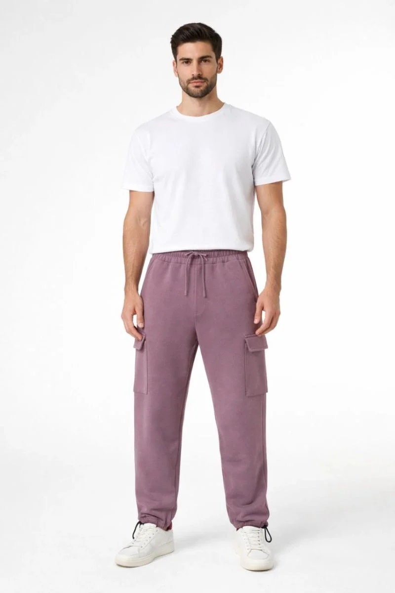 Erkek Baggy 3 İplik Kargo Cepli Eşofman Altı Ayarlanabilir Paça Pantolon - Gül Kurusu