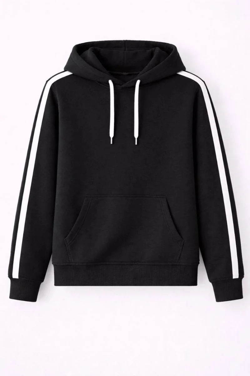 Erkek Şeritli Kapüşonlu Sweatshirt Oversize 3 iplik Pamuklu Hoodei - Siyah