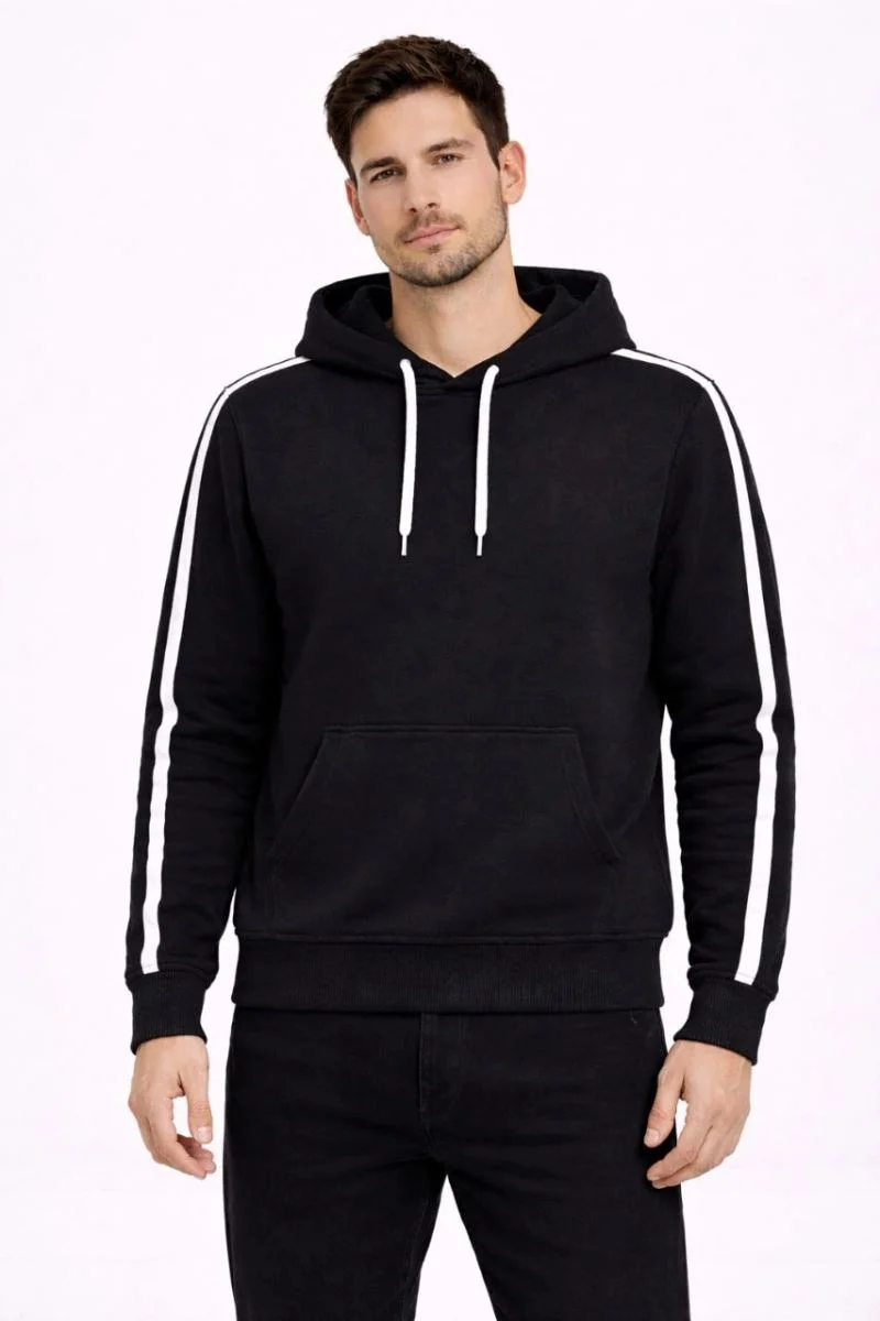 Erkek Şeritli Kapüşonlu Sweatshirt Oversize 3 iplik Pamuklu Hoodei - Siyah