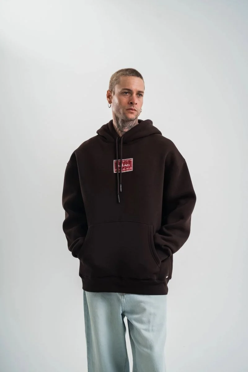Erkek Nakışlı Kapüşonlu Oversize 3 İplik Pamuklu SweatShirt Hoodie - Siyah