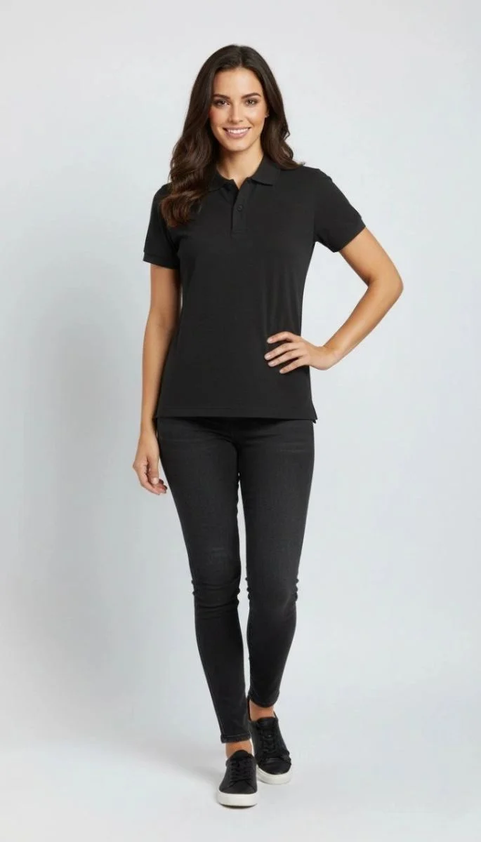 Kadın Polo Yaka Tişört Pike Kumaş Kısa Kol Regular Fit Yazlık T-Shirt - Siyah