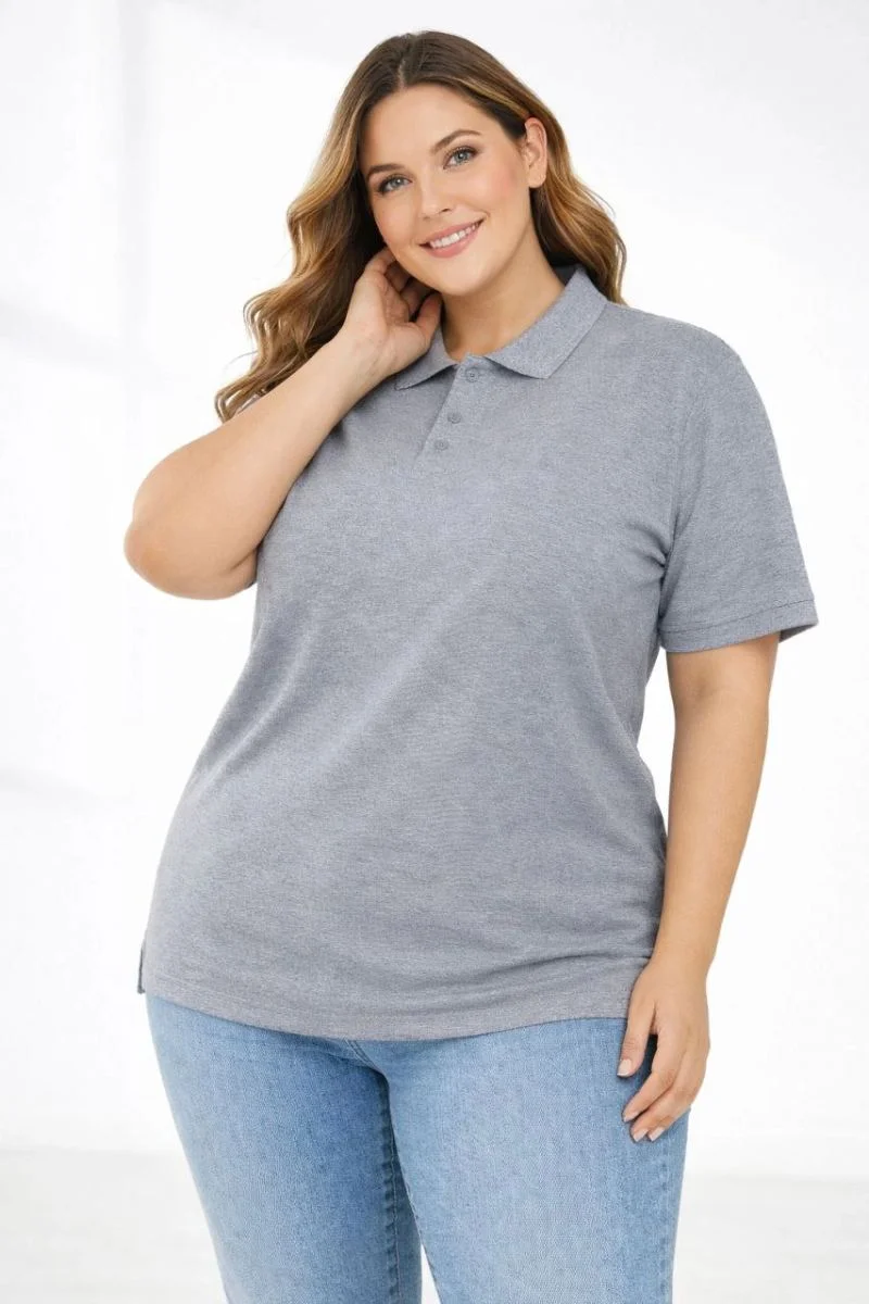 Kadın Battal Beden Tişört Polo Yaka Pike Kumaş Kısa Kol T-Shirt - Gri