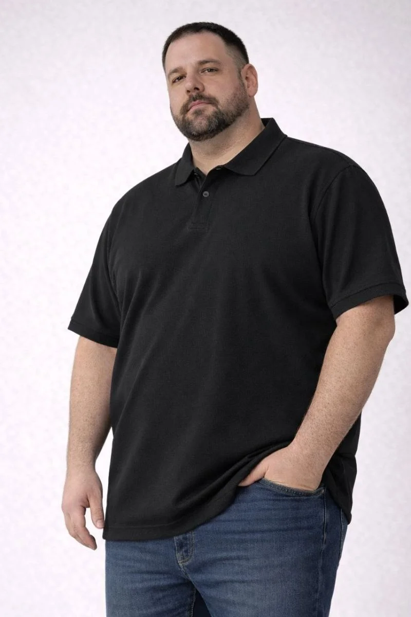 Erkek Polo Yaka Düğmeli Tişört Pike Kumaş Battal Beden Kısa Kol T-Shirt - Siyah