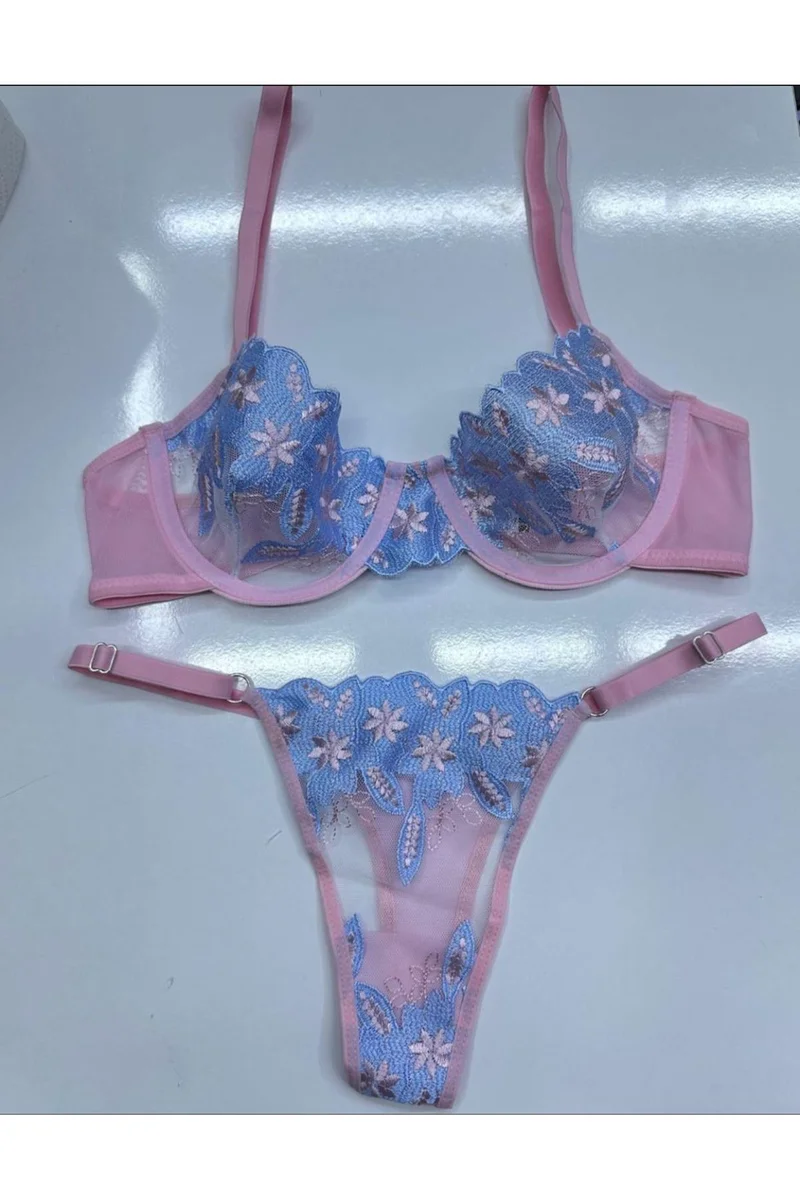 Kadın Seksi Pudra Pembe Çiçek İşlemeli Balenli Sütyen Külot Takımı Fantezi İç Çamaşır Takım