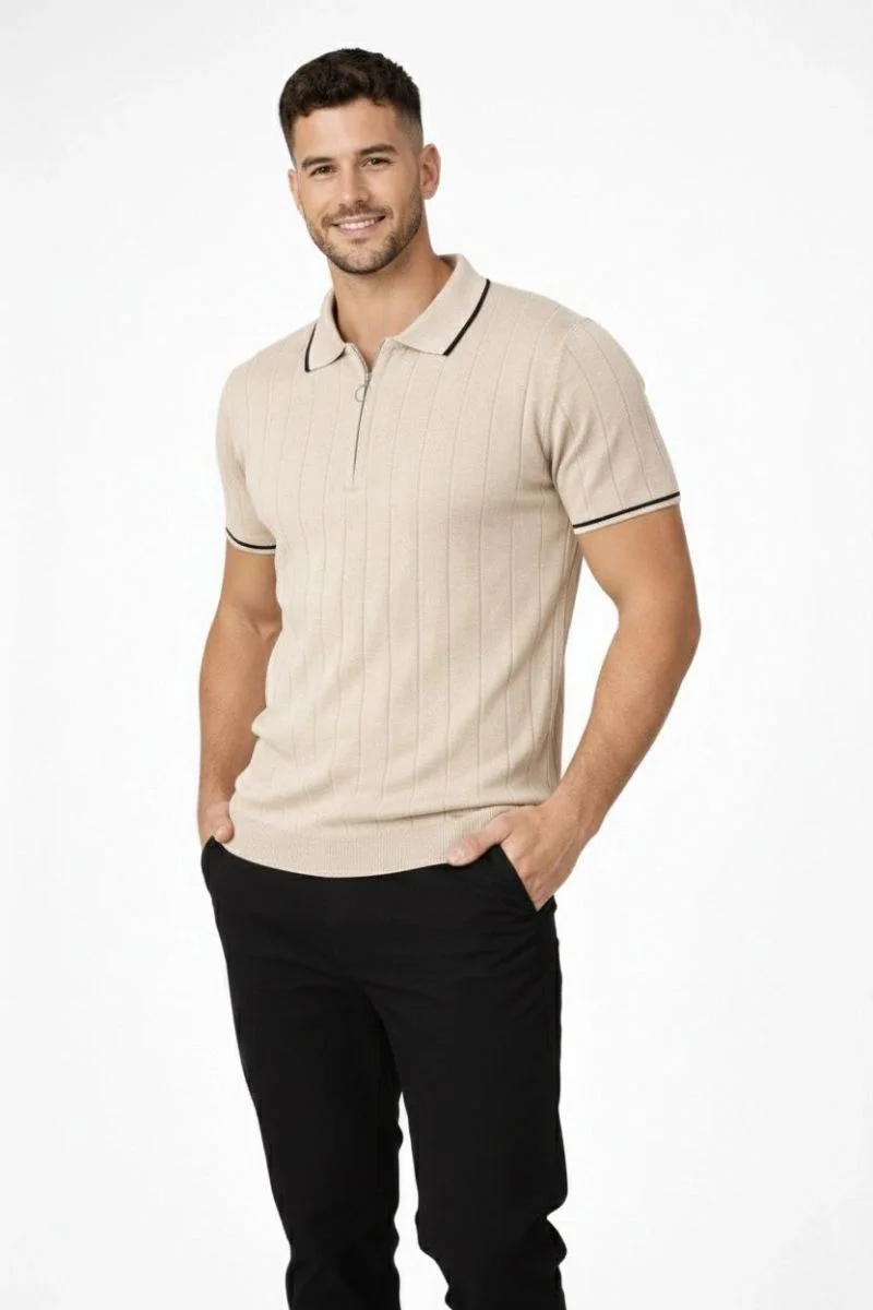 Erkek Yazlık Dokuma Triko Tişört Fermuarlı Polo Yaka Kısa Kol T-Shirt - Bej