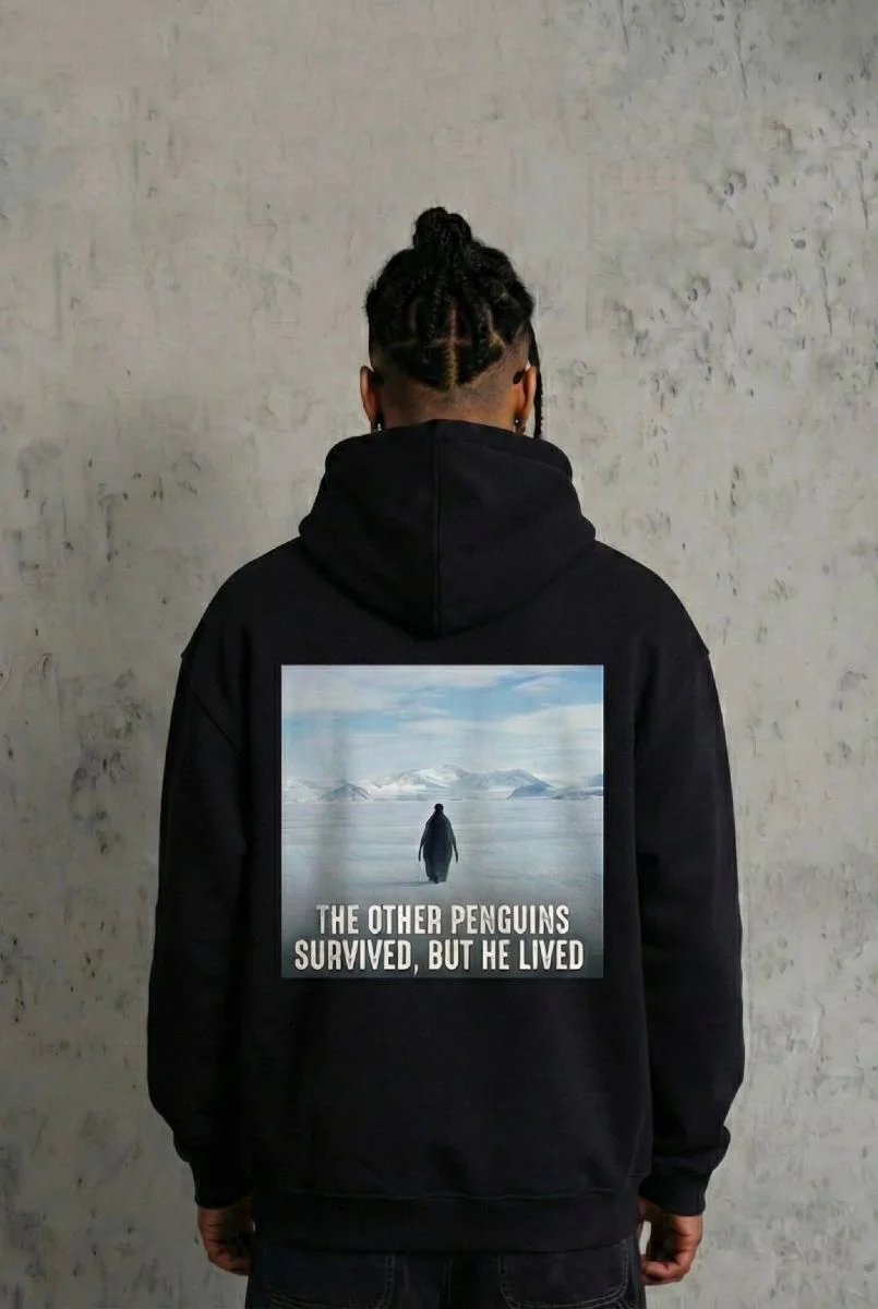 Erkek Survivor Penguin Baskılı 3 İplik Pamuklu Kapüşonlu Sweatshirt Hoodie Siyah
