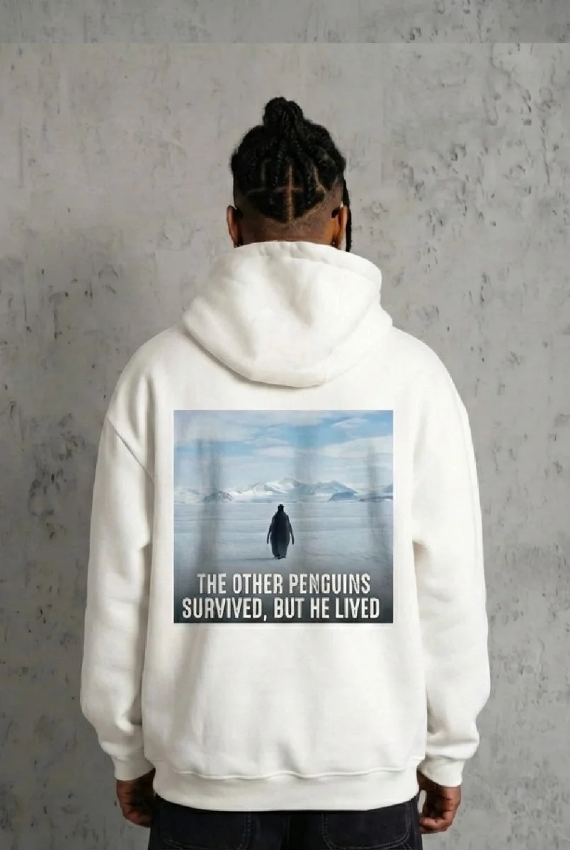 Erkek Survivor Penguin Baskılı 3 İplik Pamuklu Kapüşonlu Sweatshirt Hoodie Beyaz