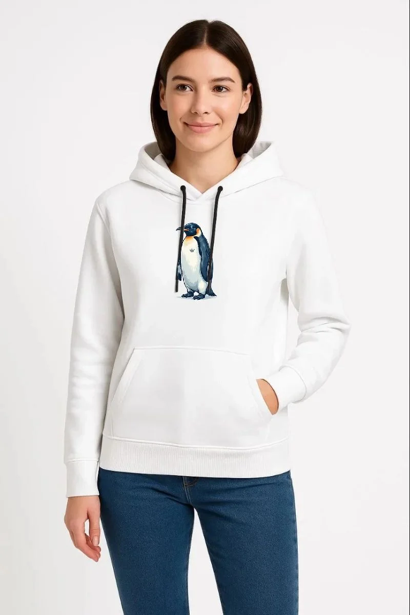 Kadın 3 İplik Pamuklu Kapüşonlu Hoodie Sweatshirt Survivor Penguen Baskılı - Beyaz