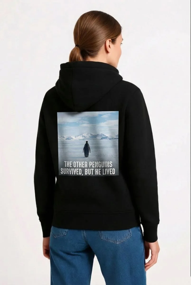 Kadın 3 İplik Pamuklu Kapüşonlu Hoodie Sweatshirt Survivor Penguen Baskılı - Siyah