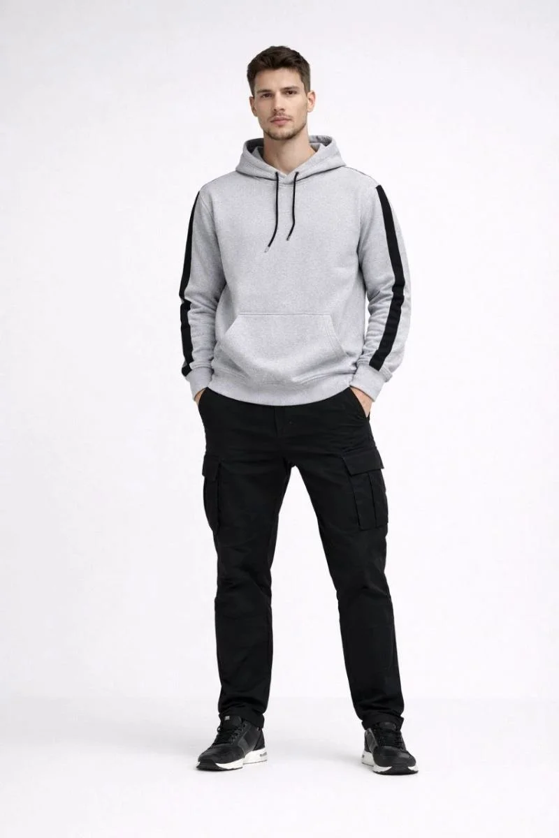 Erkek Şeritli Kapüşonlu Oversize Sweatshirt 3 iplik Pamuklu hoodie - Beyaz
