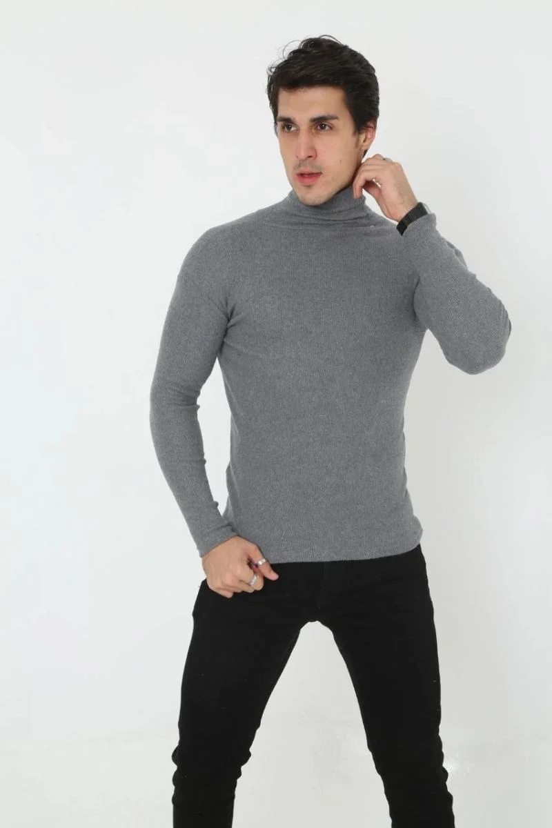 Erkek Fitilli Kaşkorse Kumaş Boğazlı Full Likralı Slimfit Body - Füme