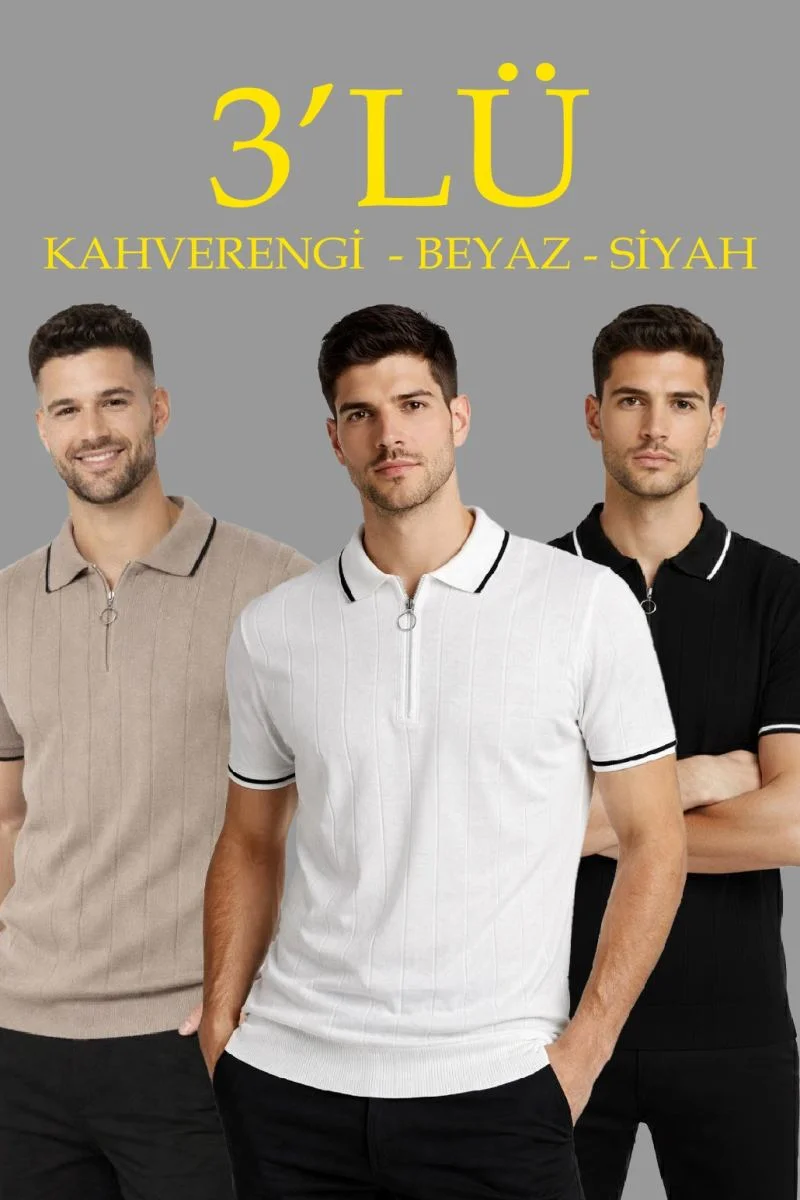 Erkek Triko Tişört Fermuarlı Polo Yaka Kısa Kol T-Shirt 3’lü Set Kahve-Siyah-Beyaz