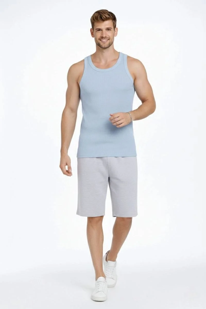 Erkek Fitilli Atlet Sıfır Yaka Slim Fit Arka Baskılı Spor Atlet - Bebek Mavisi