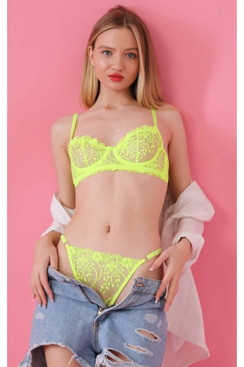 Kadın Seksi Neon Sarı Brode Bralet Ve Külot Takımı Dantelli Sütyen Takım