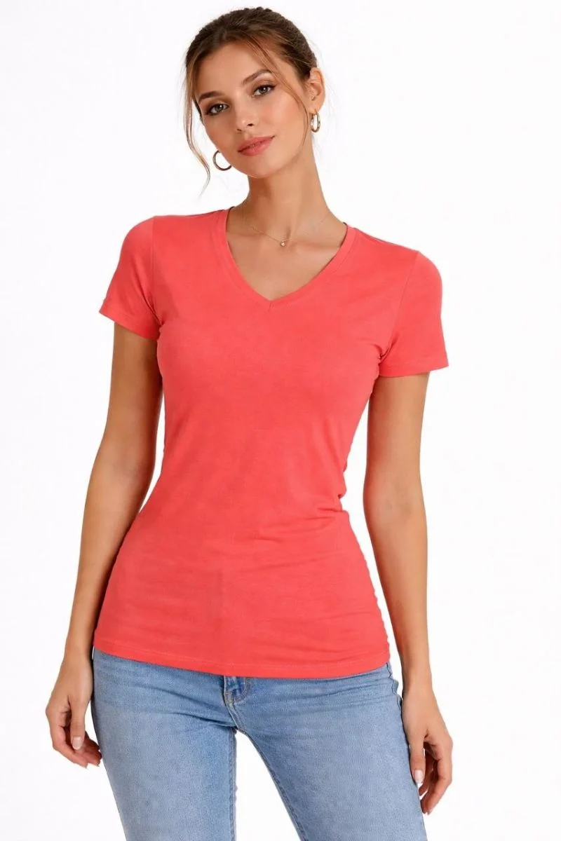 Kadın T-Shirt V Yaka Slim Fit Likralı Tişört Yazlık Basic Body - Nar Çiçeği