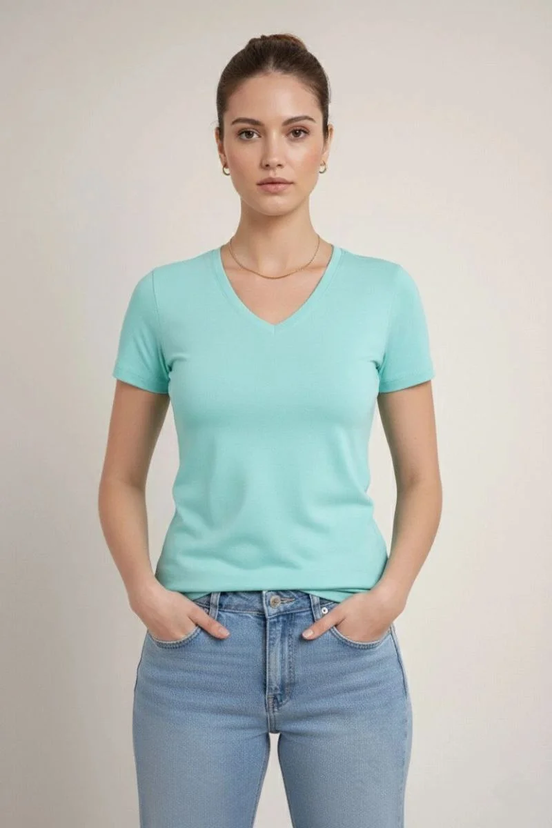 Kadın T-Shirt V Yaka Slim Fit Likralı Tişört Yazlık Basic Body - Turkuvaz