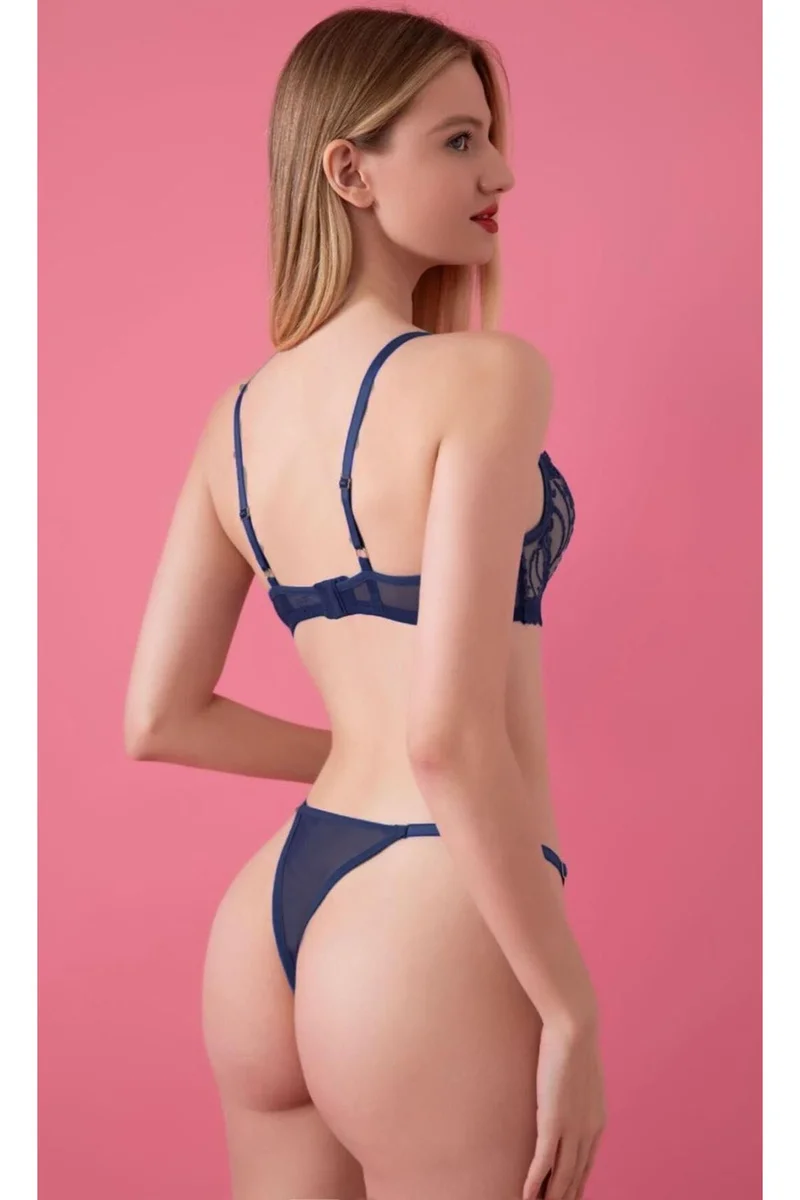 Kadın Seksi Lacivert Brode Bralet Ve Külot Takımı Dantelli Sütyen Takım