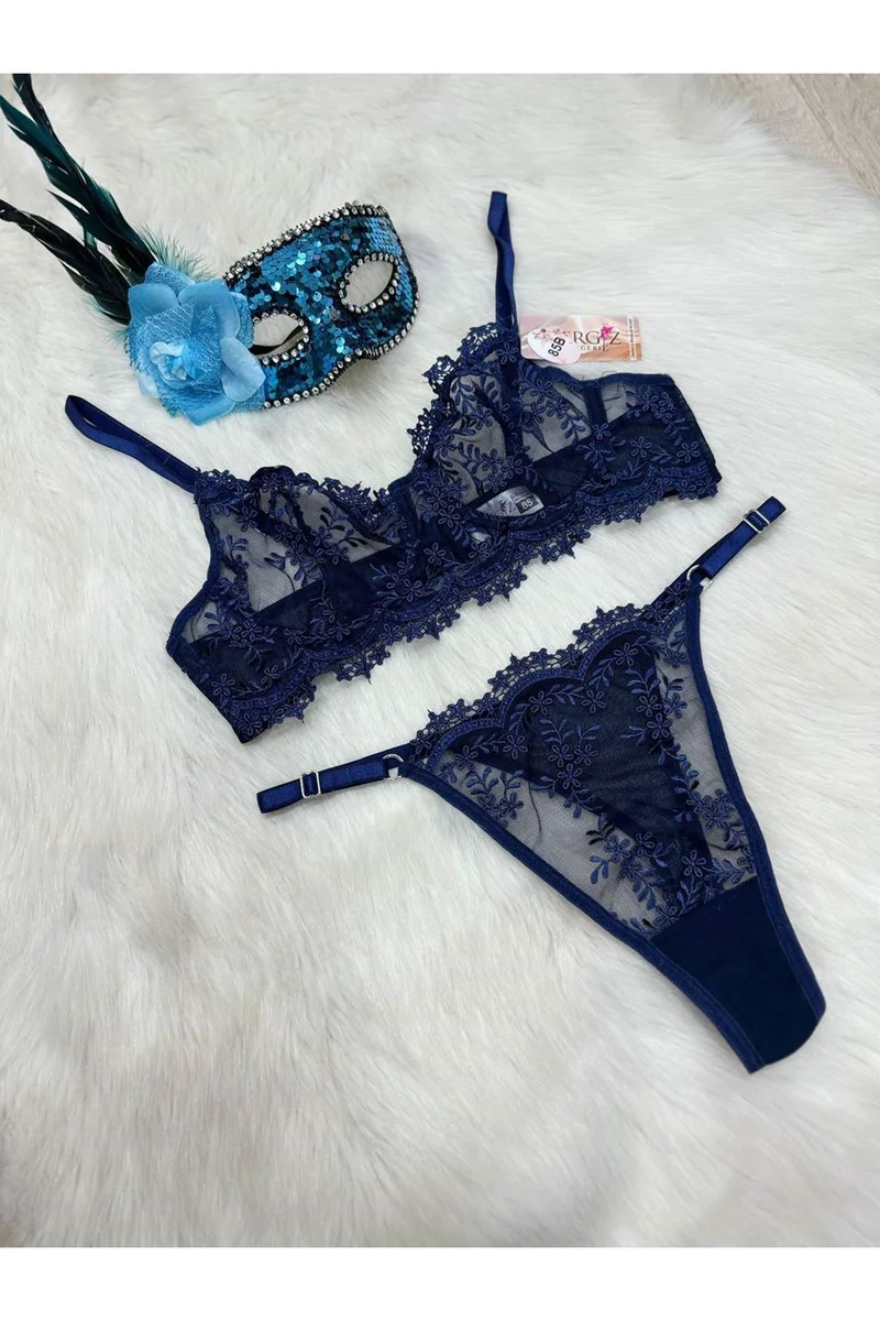 Kadın Seksi Lacivert Brode Bralet Ve Külot Takımı Dantelli Sütyen Takım