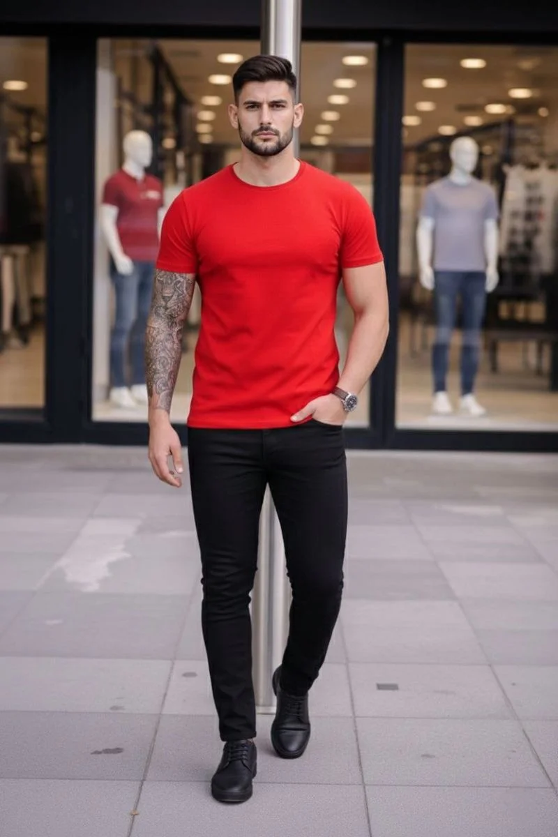 Erkek Body Tişört Bisiklet Yaka Slim Fit Likralı T-Shirt - Kırmızı