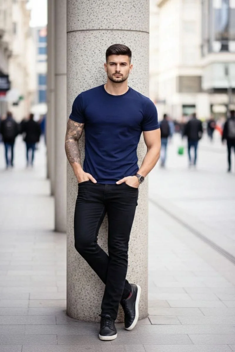 Erkek Body Tişört Bisiklet Yaka Slim Fit Likralı T-Shirt - Lacivert