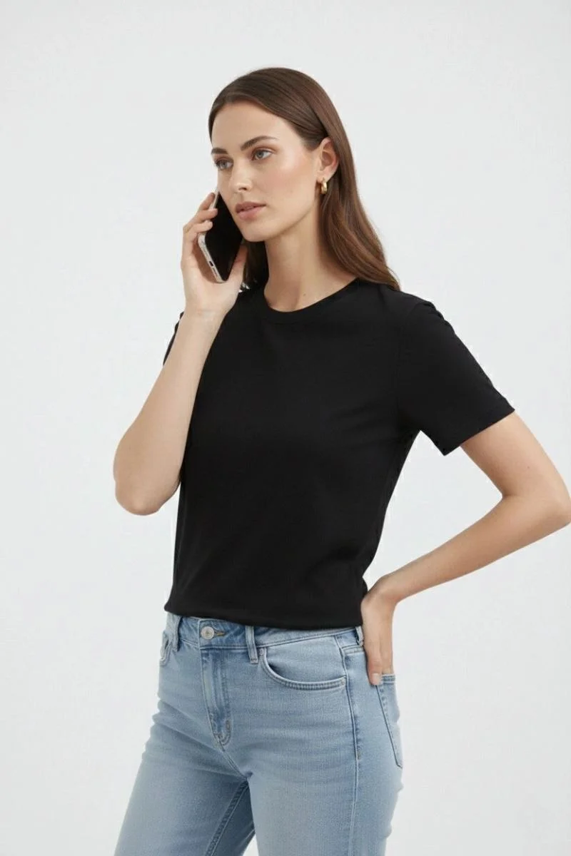 Kadın Bisiklet Yaka Yazlık Kısa kol Düz Tişört Regular Kalıp T-shirt - Siyah