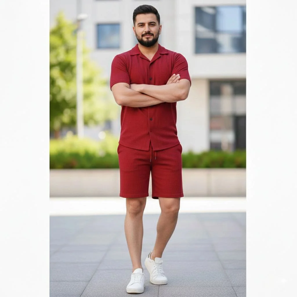 Erkek Waffle Kumaş Kısa Kol Gömlek Şort Takım Regular Yazlık İkili Set - Bordo
