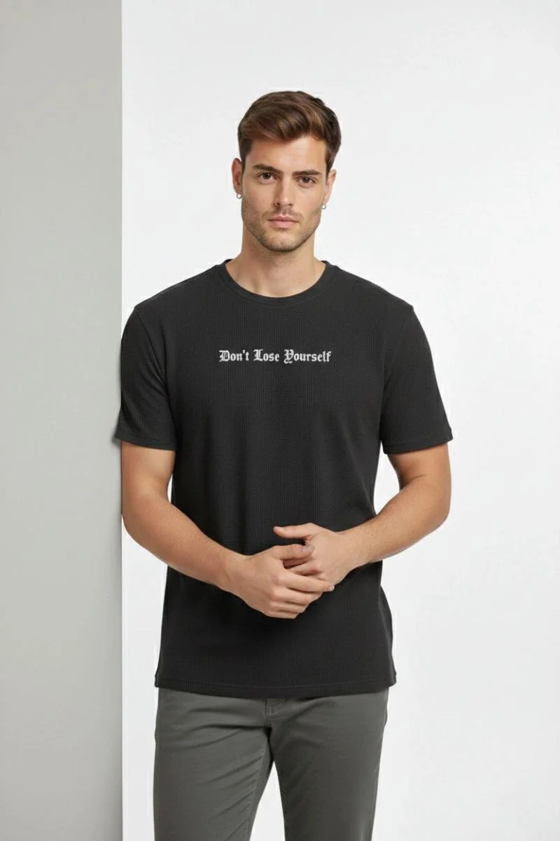 Erkek Wafıl Kumaş Tişört Regular Kalıp Bisiklet Yaka Baskılı T-Shirt - Siyah