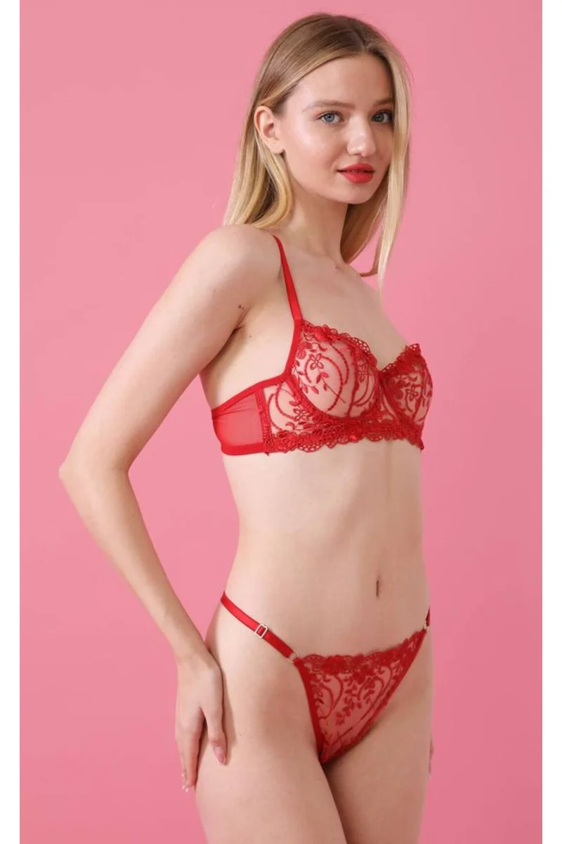 Kadın Seksi Kırmızı Kalp Brode Işleme Desenli Balenli Sütyen Kilot Takımı