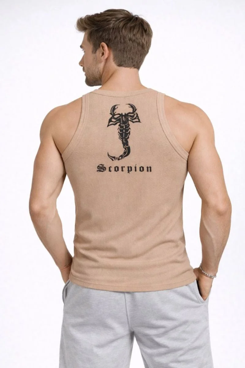 Erkek Spor Slimfit Fitilli Kaşkorse Arka Basklı Atlet 2'li Set Kahverengi-Bebek Mavisi