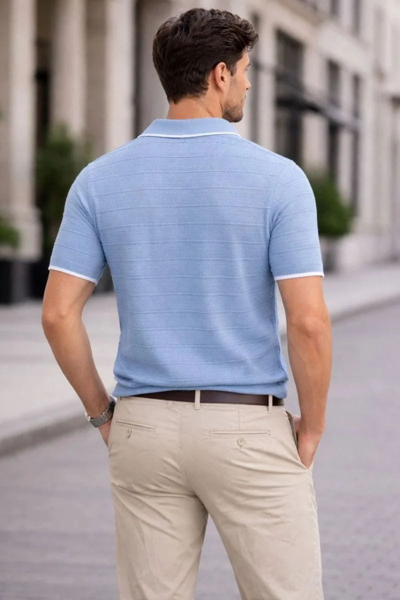 Erkek Fitilli Yazlık Triko Tişört Düğmesiz Polo Yaka Kısa Kol T-shirt - Bebek Mavisi