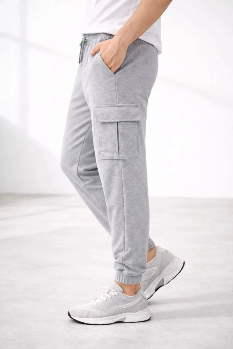 Erkek Jogger Eşofman Altı Kargo Cepli Lastikli Paça Spor Pantolon - Gri