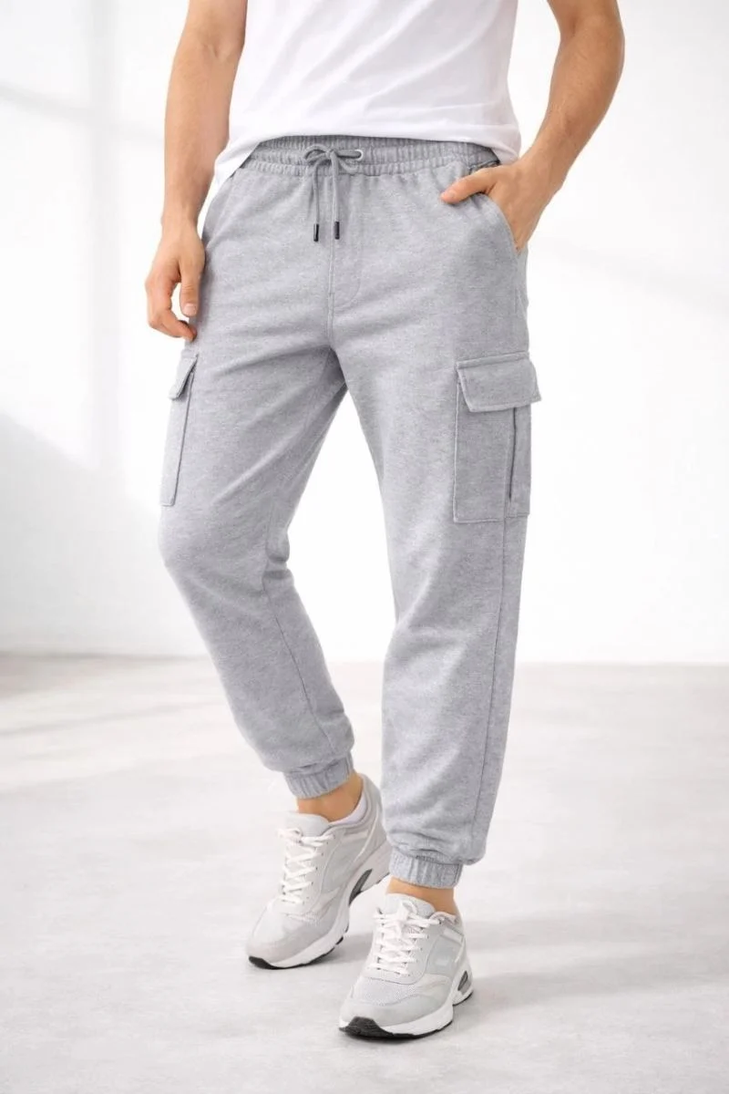 Erkek Jogger Eşofman Altı Kargo Cepli Lastikli Paça Spor Pantolon - Gri