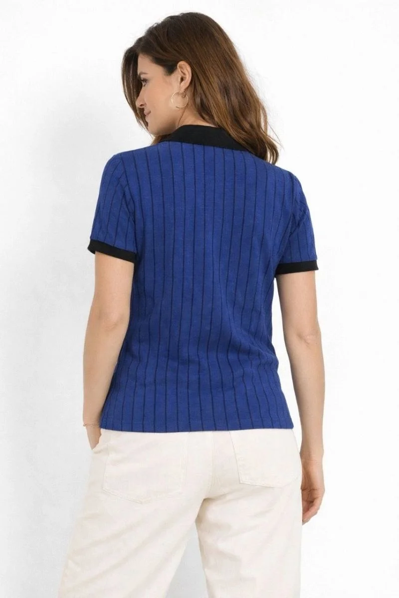Kadın Polo Yaka Çizgili Tişört Kısa Kol Düğmeli Yazlık T-Shirt - Saks Mavisi