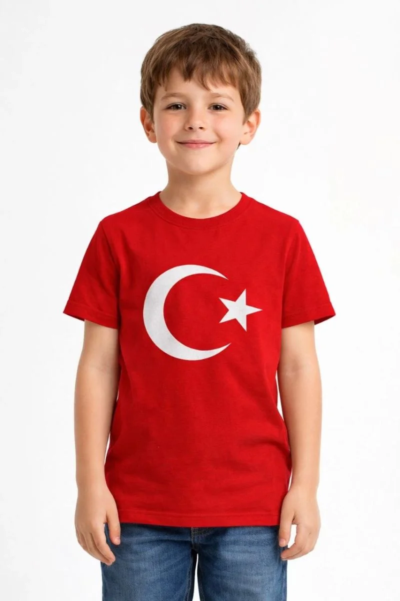 Erkek Çocuk Tişört Bisiklet Yaka Ay Yıldız Bayrak Baskılı T-Shirt - Kırmızı
