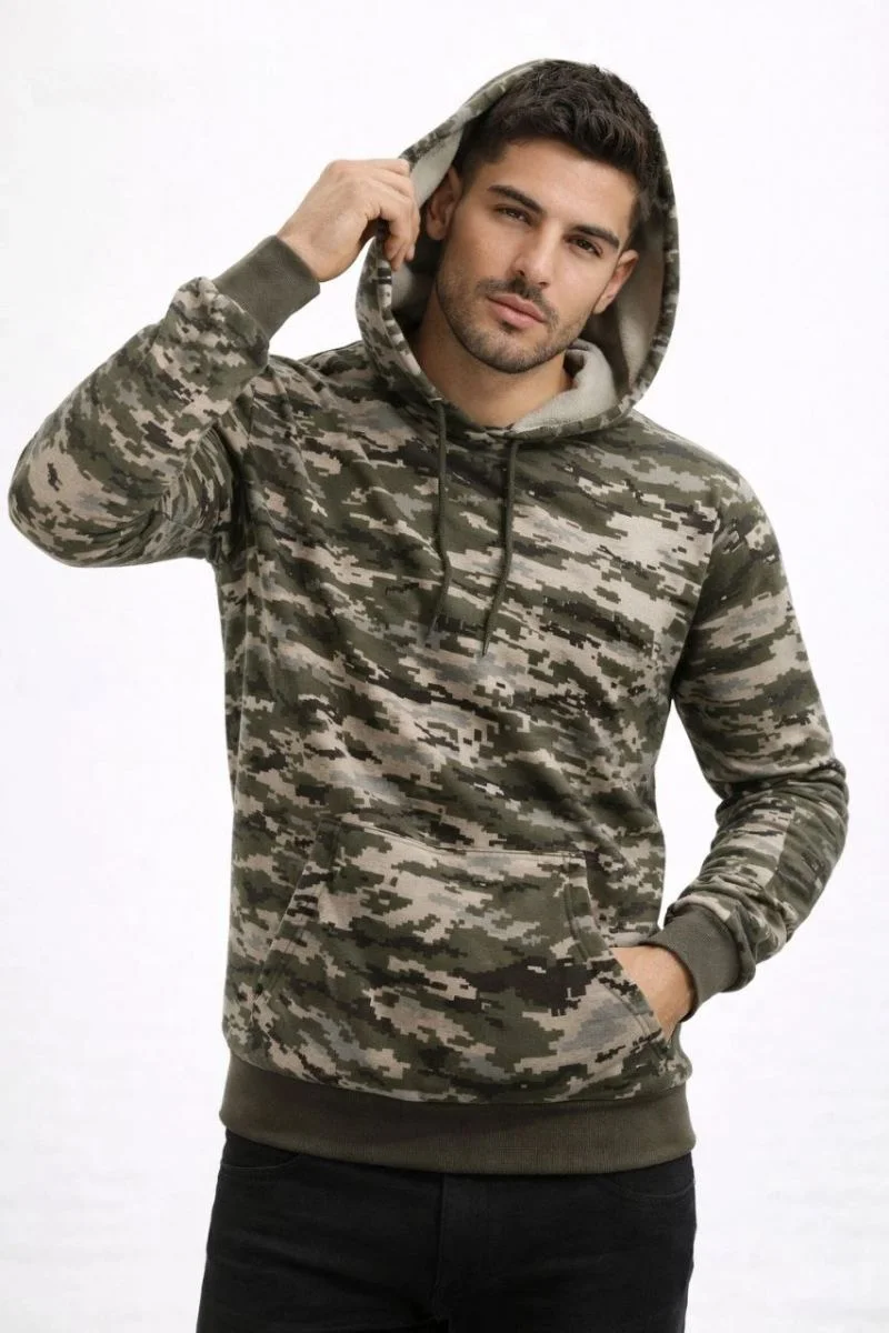 Erkek Kamuflaj Desenli 2 İplik 4 Mevsim Kapüşonlu Kanguru Cepli Hoodie Sweatshirt - Kamuflaj