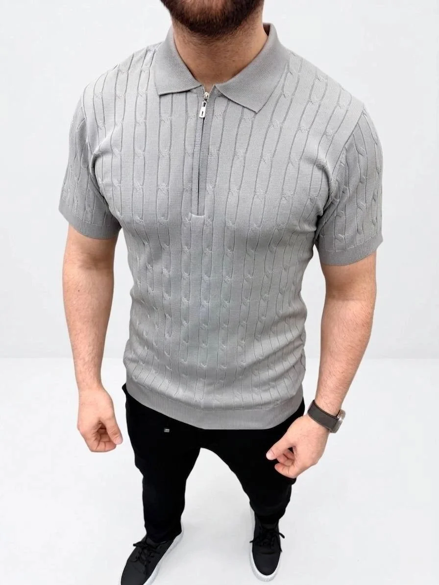 Erkek Yazlık Triko Saç Örgü Tişört Kısa Kol Polo Yaka Fermuarlı T-Shirt - Gri