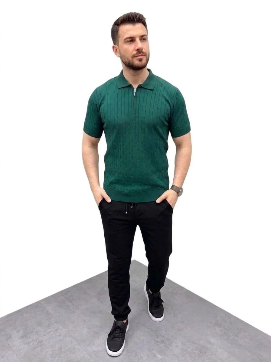 Erkek Yazlık Triko Saç Örgü Tişört Kısa Kol Polo Yaka Fermuarlı T-Shirt - Haki