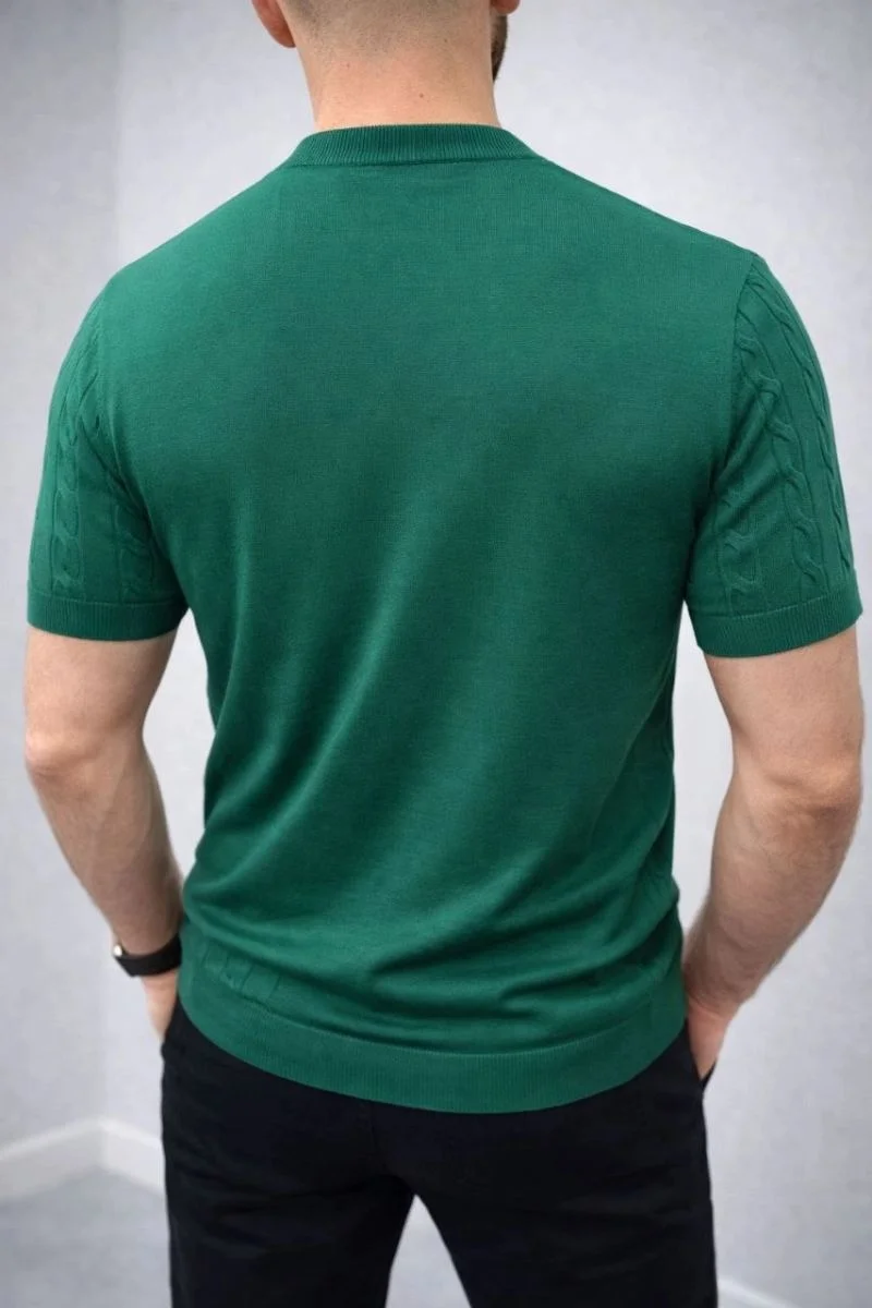 Erkek Yazlık Triko Dokuma Tişört Kısa Kol Bisiklet Yaka Örgü Desenli T-Shirt - Haki