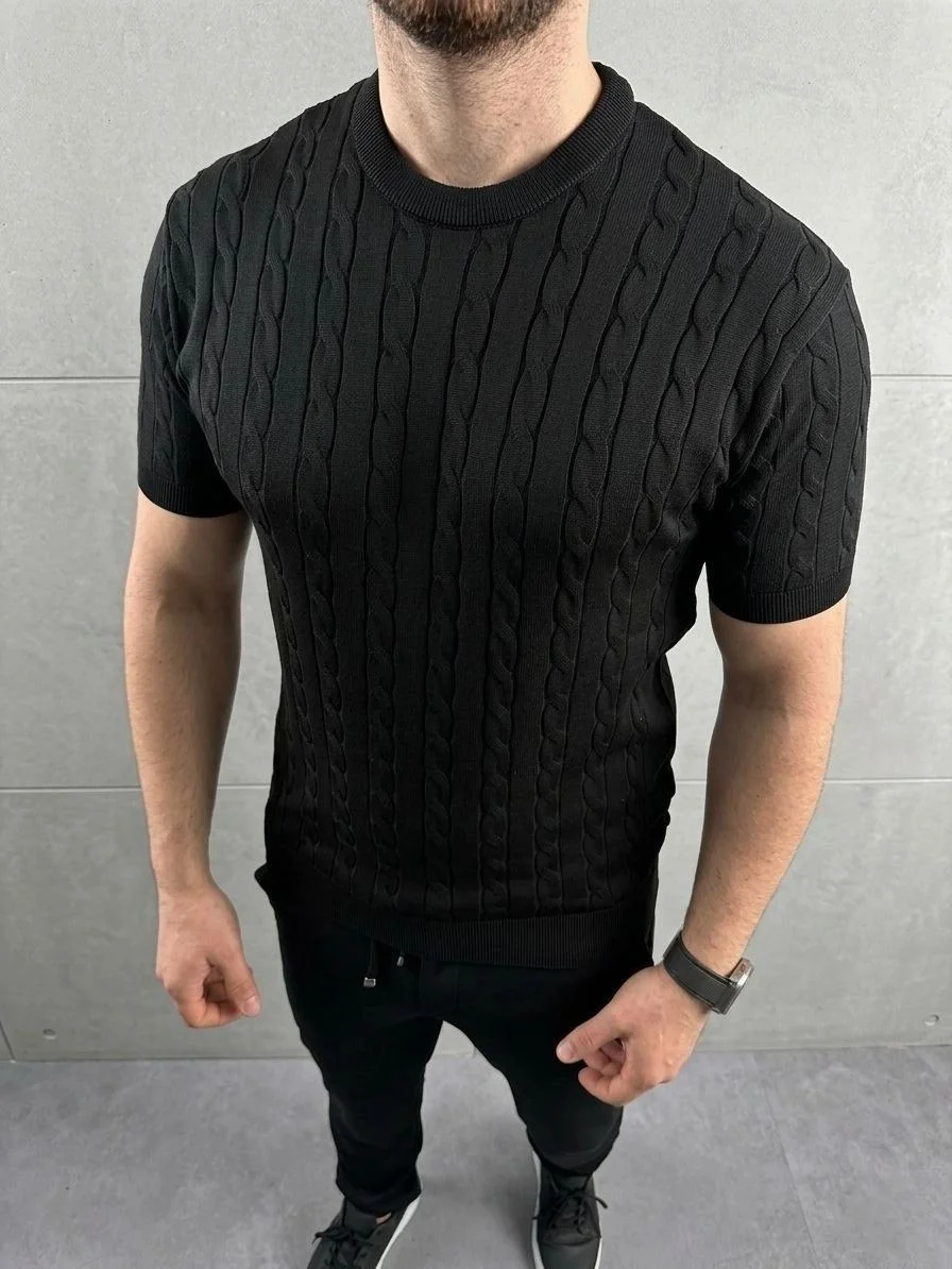Erkek Yazlık Triko Dokuma Tişört Kısa Kol Bisiklet Yaka Örgü Desenli T-Shirt - Siyah