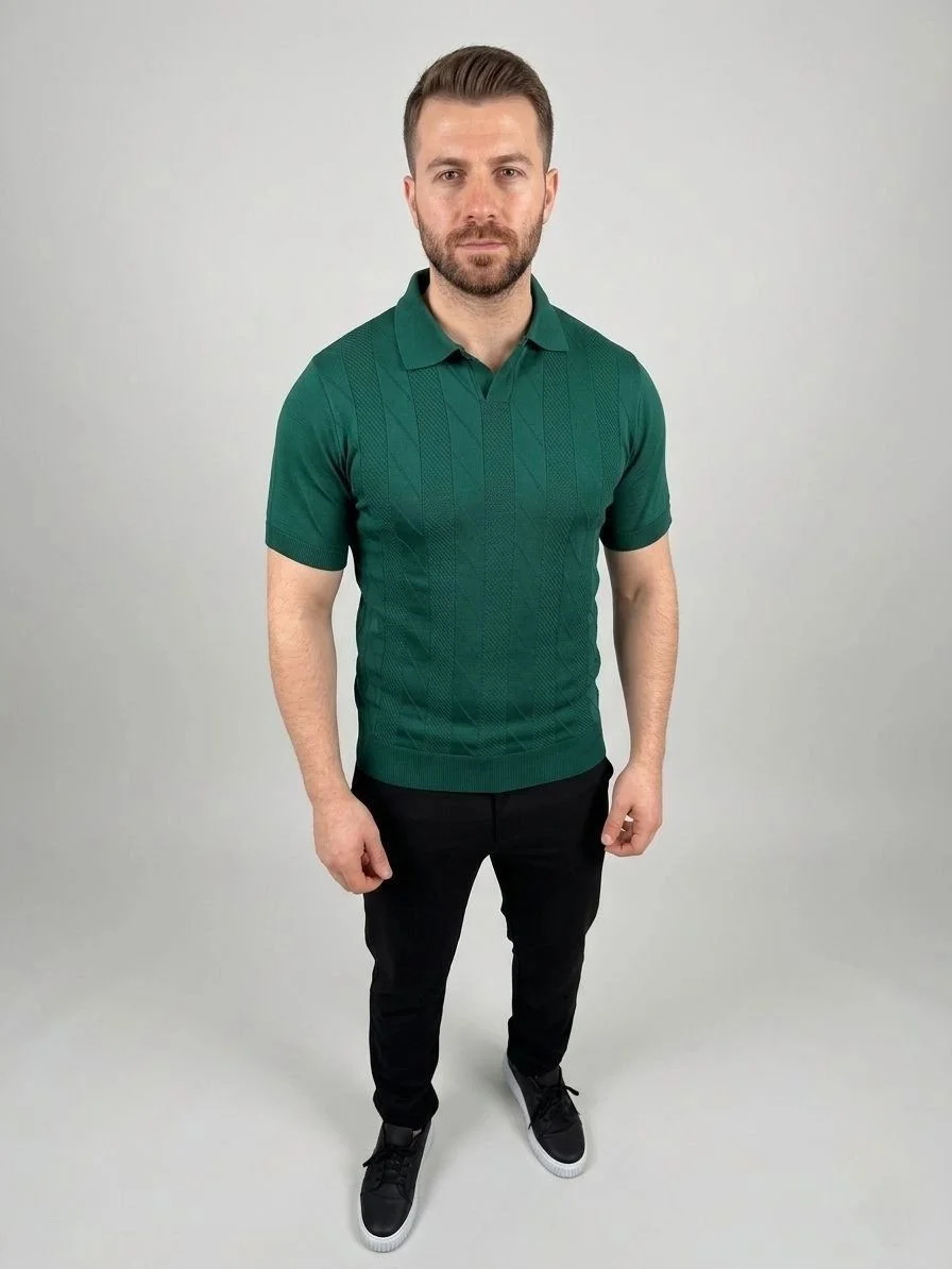 Erkek Yazlık Triko Dokuma Tişört Kısa Kol Polo Yaka T-Shirt - Koyu Yeşil