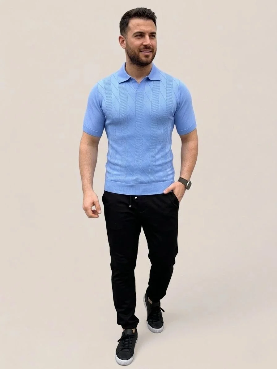 Erkek Yazlık Triko Dokuma Tişört Kısa Kol Polo Yaka T-Shirt - Bebek Mavisi